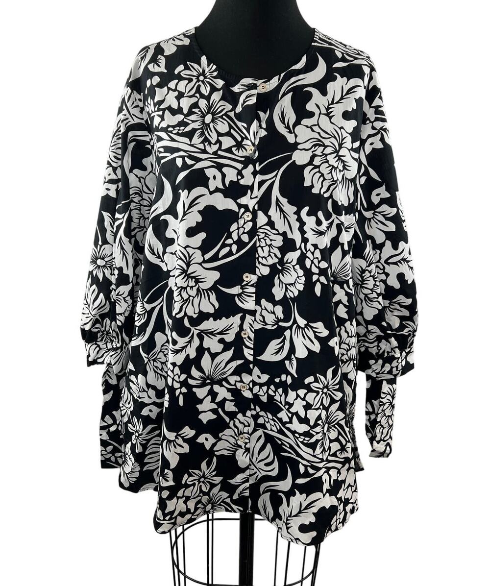 PERSONA BY MARINA RINALDI Black White Floral Print Fiero Button Down Top 14 NEW